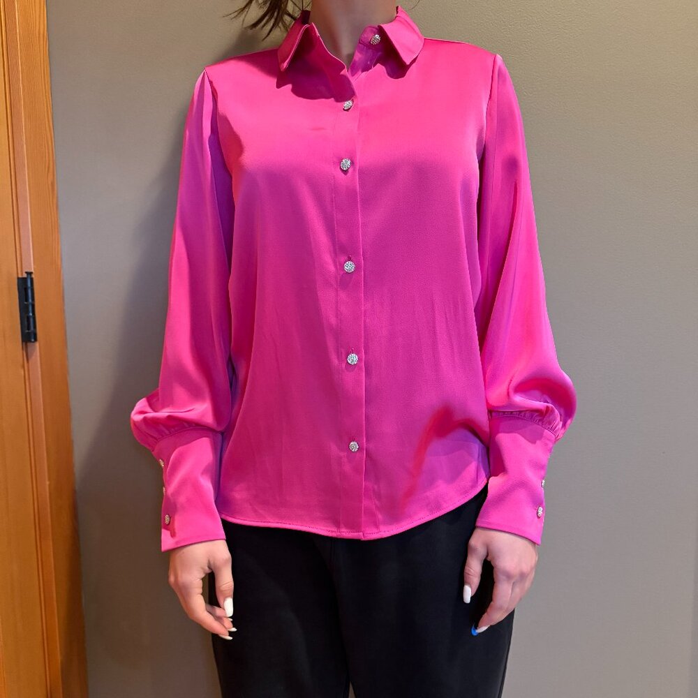 Halogen Bright Pink Satin blouse with Rhinestone buttons Size XS